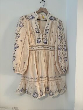 Zimmermann Cream Mini Dress with Lavender Floral Embroidery